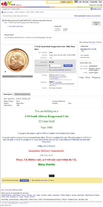 tickertyboo1977 eBay Listing Using our 1974 Krugerrand photographs